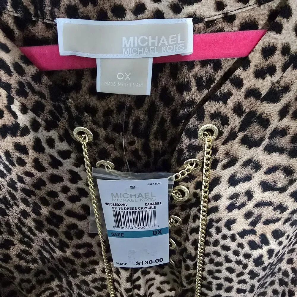 Michael Kors NWT! Stretchy‎ Belted Leopard Print 3/4 Sleeve Dress Size 0X C88